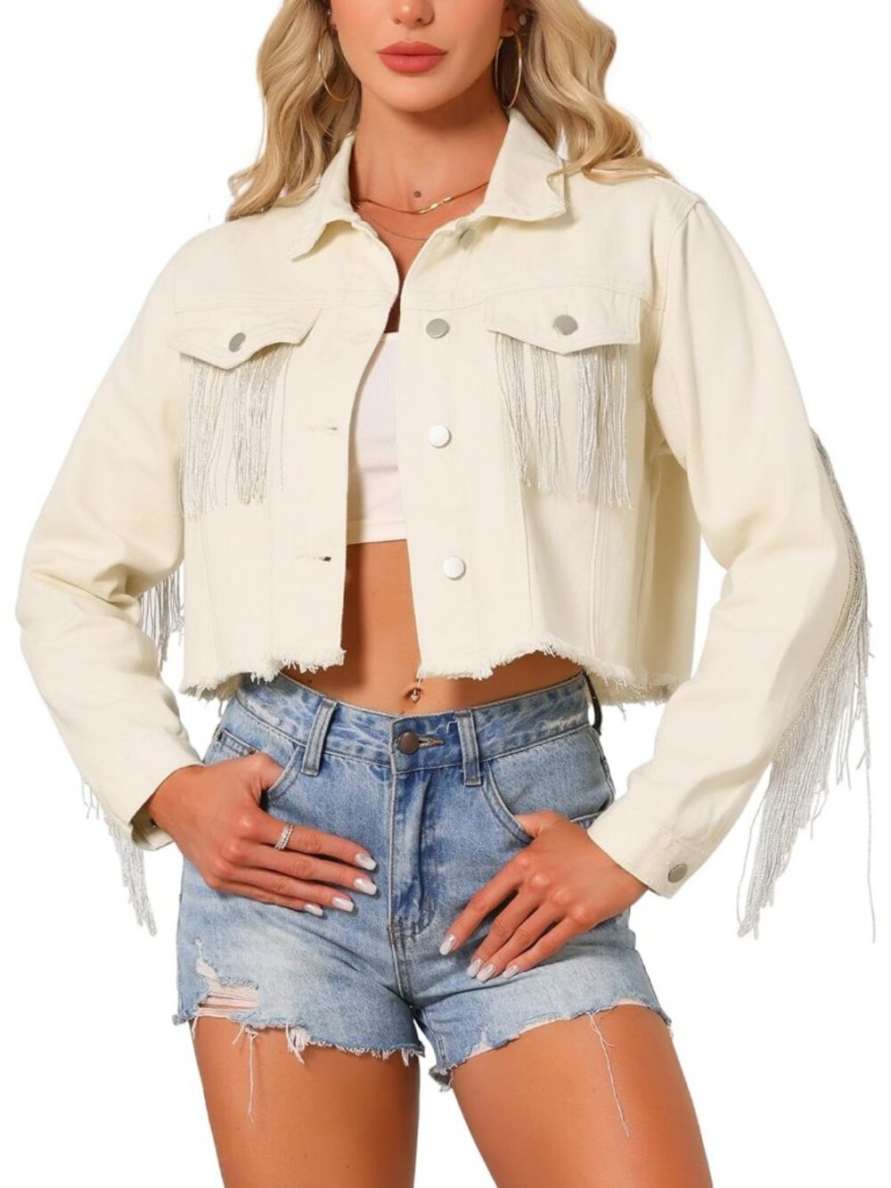 Women's Oyster Cropped Frayed Tassel Fringe Denim Western Long Sleeve Jacket